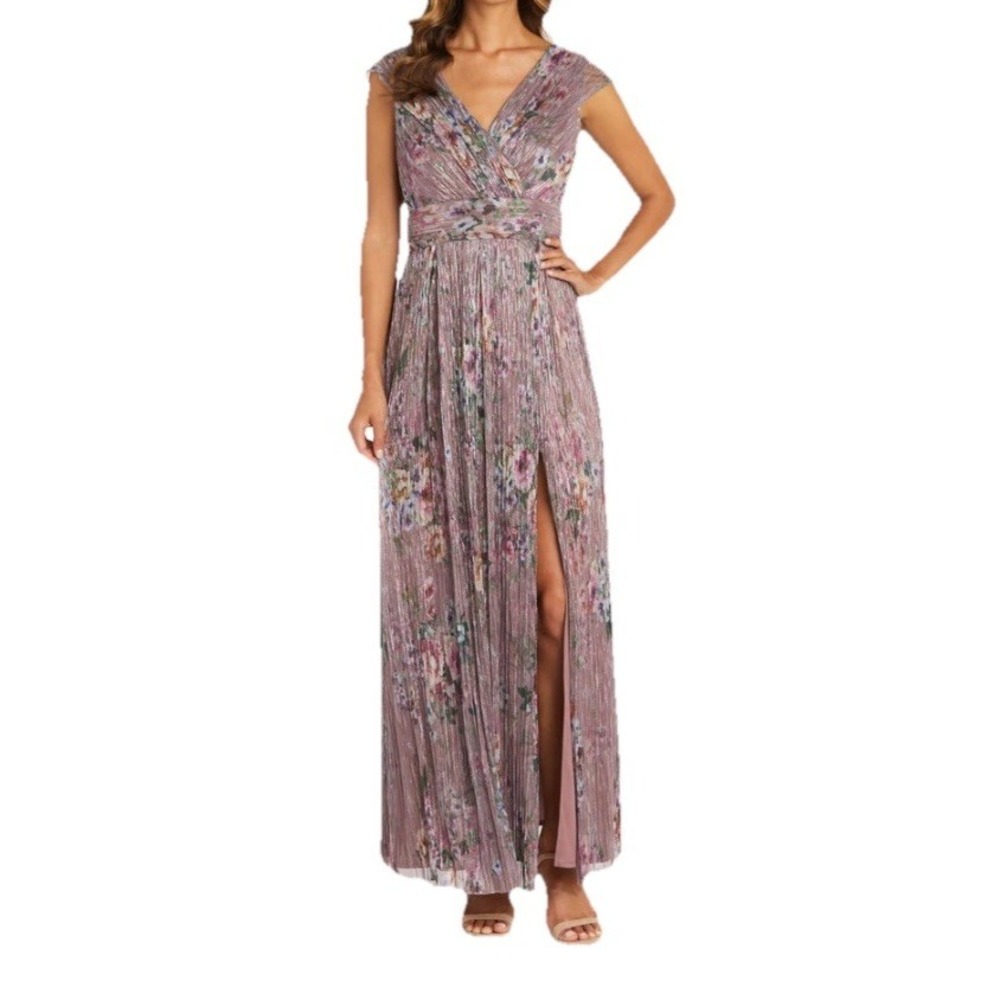 R&M Richards Metallic Floral Maxi Dress Sz 14W New Lilac Rose Wedding Guest